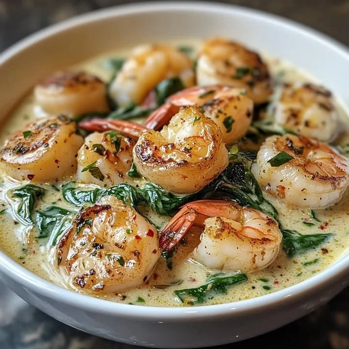 Plato de medley cremoso de mariscos con espinacas fresco y sabroso