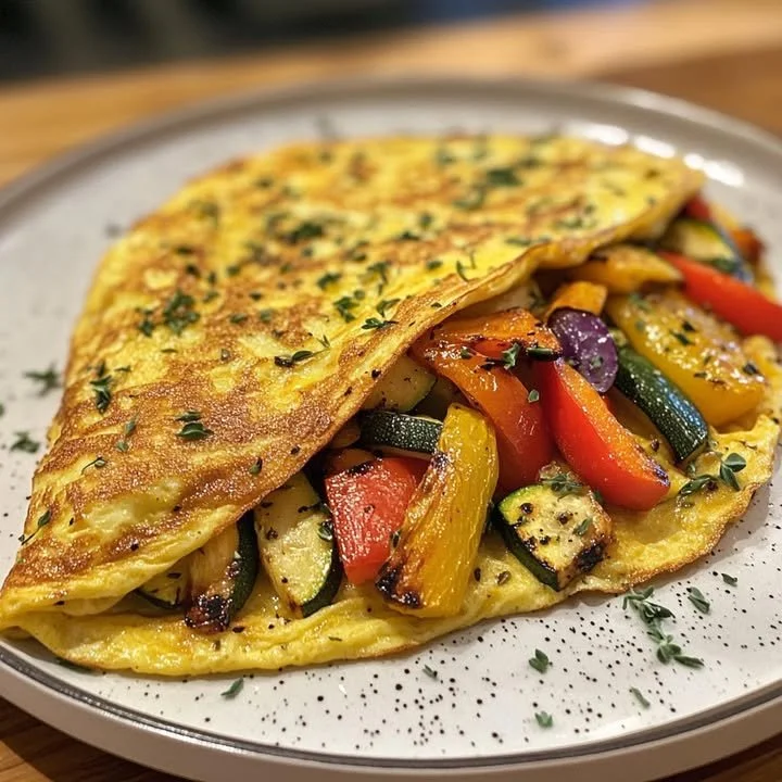 Omelet de hierbas esponjoso con verduras asadas en un plato colorido.