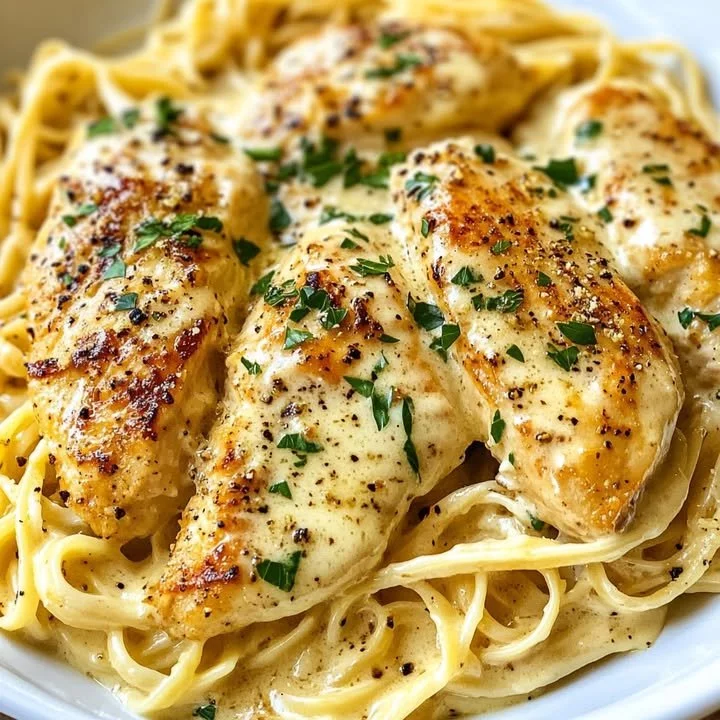 Plato de Pollo al Ajo Dorado con Linguini Cremoso de Parmesano