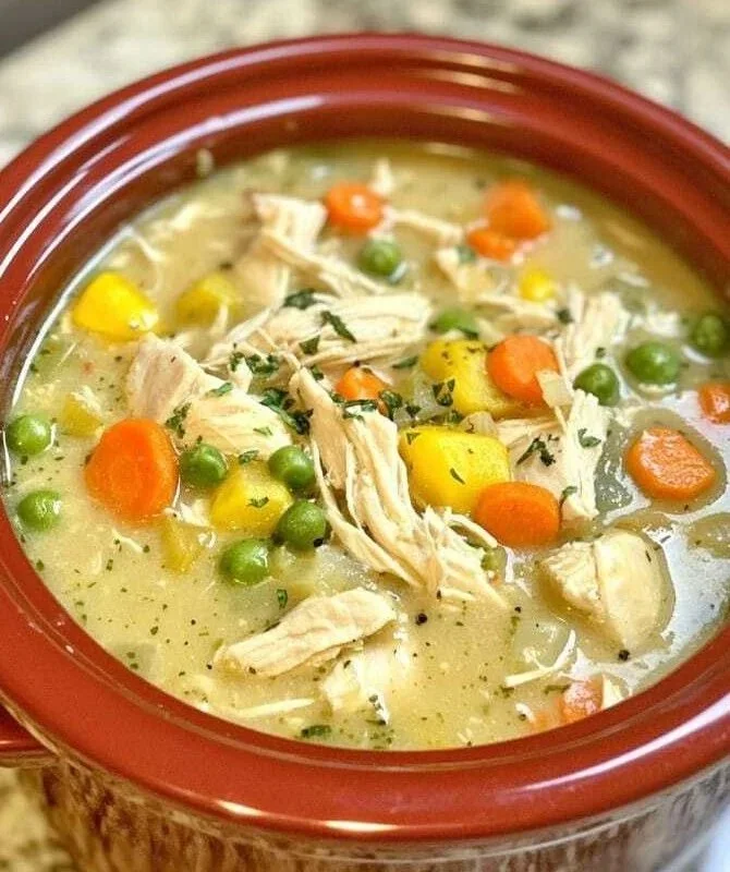 Plato de pollo en crema con verduras y papas, una receta deliciosa y fácil de hacer.