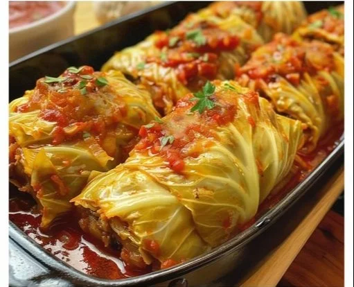 Plato de repollo relleno turco con carne y especias frescas